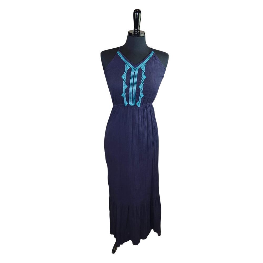 GAP 100% Cotton Maxi Dress Embroidered Halter Blue Summer Beach Boho